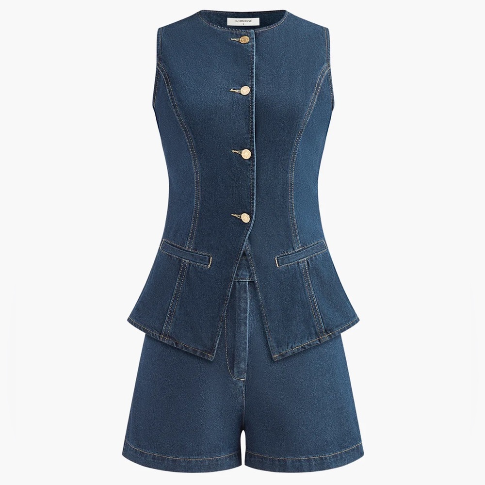 NWT COMMENSE Denim Sleeveless Button-Up Women's Shorts Set